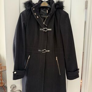 Ivanka Trump Black Wool Coat with Faux Fur Hood